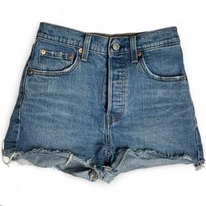 Levi’s Premium Ribcage Shorts Women Size 25 Blue Denim Raw Hem Button Festival